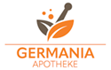 Logo der Germania Apotheke , ein stilisierter Becher und ein Mörser zum Verarbeiten von Blüten und anderen Dingen